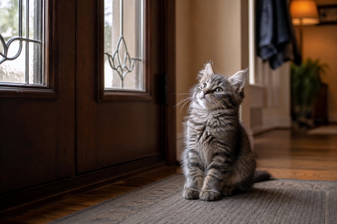 「おかえりニャ！🐾 こんな可愛いお出迎えがあったら、すぐに帰りたくなっちゃう🏠✨ #子猫 #お出迎え #猫好き」Ultra-realistic high-quality photograph of a fluffy tabby kitten sitting on a mat by a wooden door, looking up with anticipation. 木目調のドアの前のマットの上に座り、何かを期待するような上目遣いで見つめている、長毛のキジトラ子猫の高画質な写真