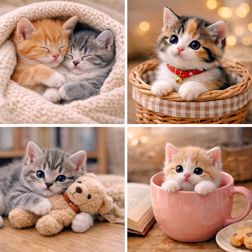 「可愛さ大渋滞😍寝顔にカゴ入り、くまちゃんハグ、ティーカップ猫まで☕️どの猫ちゃんがお好み？癒され度MAXの詰め合わせ🎁✨」A collage of four images featuring adorable kittens: two sleeping peacefully together under a blanket, one sitting in a woven basket, one hugging a small teddy bear, and one sitting inside a large pink teacup. 4枚の愛らしい子猫の写真のコラージュ。毛布に包まって眠る2匹、カゴに入る三毛猫、テディベアを抱きしめるキジトラ、ピンクのティーカップに入る茶トラ白猫です