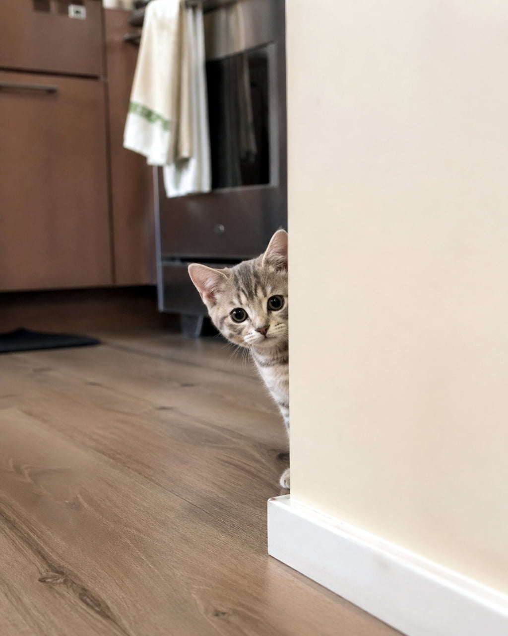 「壁の向こうから「ひょっこりはん」👀✨何してるの〜？と覗き込んでくる姿に、思わずキュンとしちゃいます💘」A curious tabby kitten is partially hidden, peeking its head out from behind a white wall to look directly at the camera, with a kitchen interior visible in the blurred background. 白い壁の影からひょっこりと顔を出し、大きな目でカメラをじっと見つめている好奇心旺盛なキジトラの子猫。背景にはキッチンの風景がぼやけて写っている