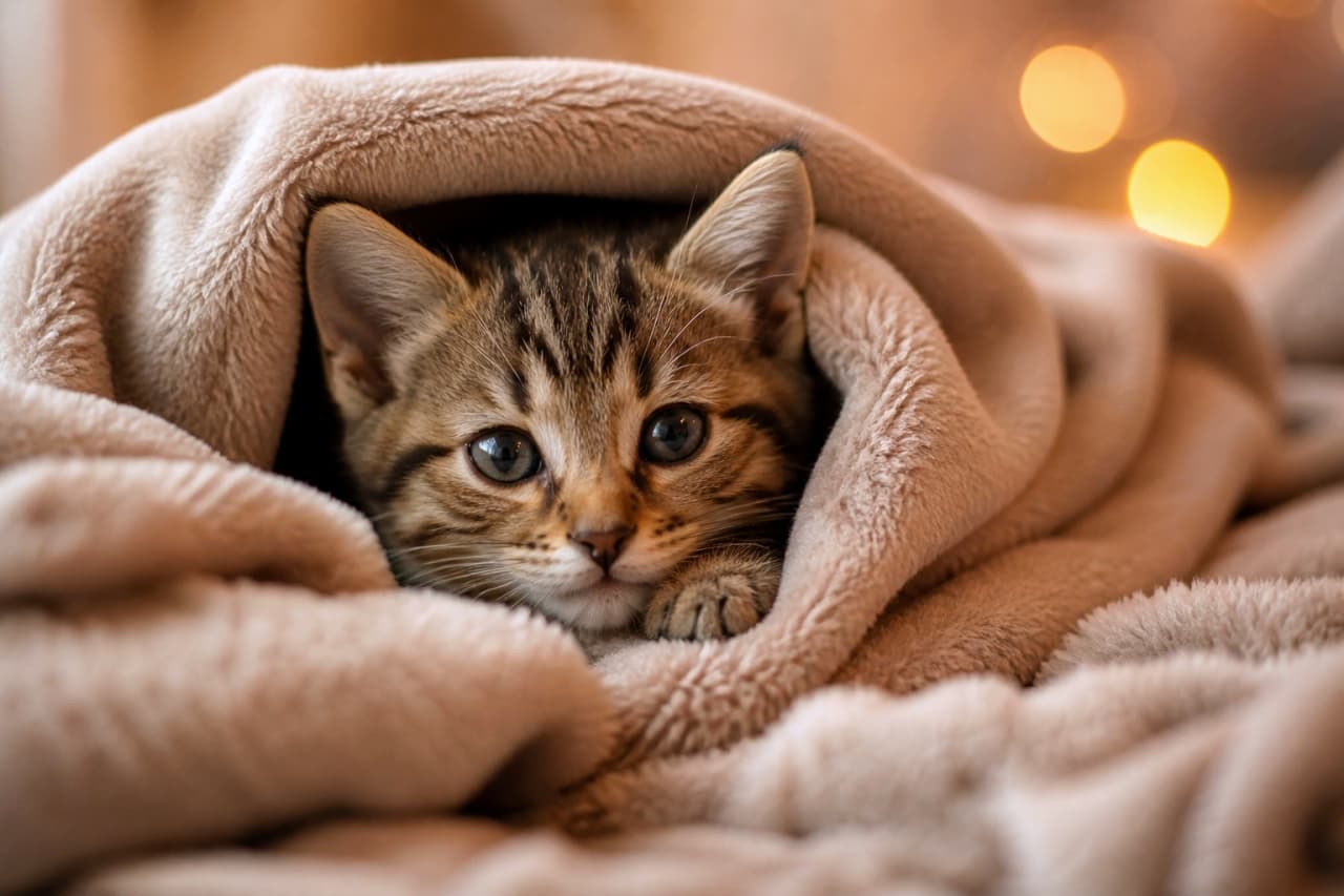 「ふわふわ毛布からこんにちは🐾✨キラキラの光に包まれた子猫の可愛さに、心もぽかぽか温まりますね☕」Ultra-realistic high-quality photograph of a tabby kitten peeking its head and paws out of a fluffy beige blanket, with warm bokeh lights in the background. ふわふわのベージュの毛布から顔と前足を覗かせるキジトラの子猫。背景には暖かみのあるイルミネーションの光がボケて写っている