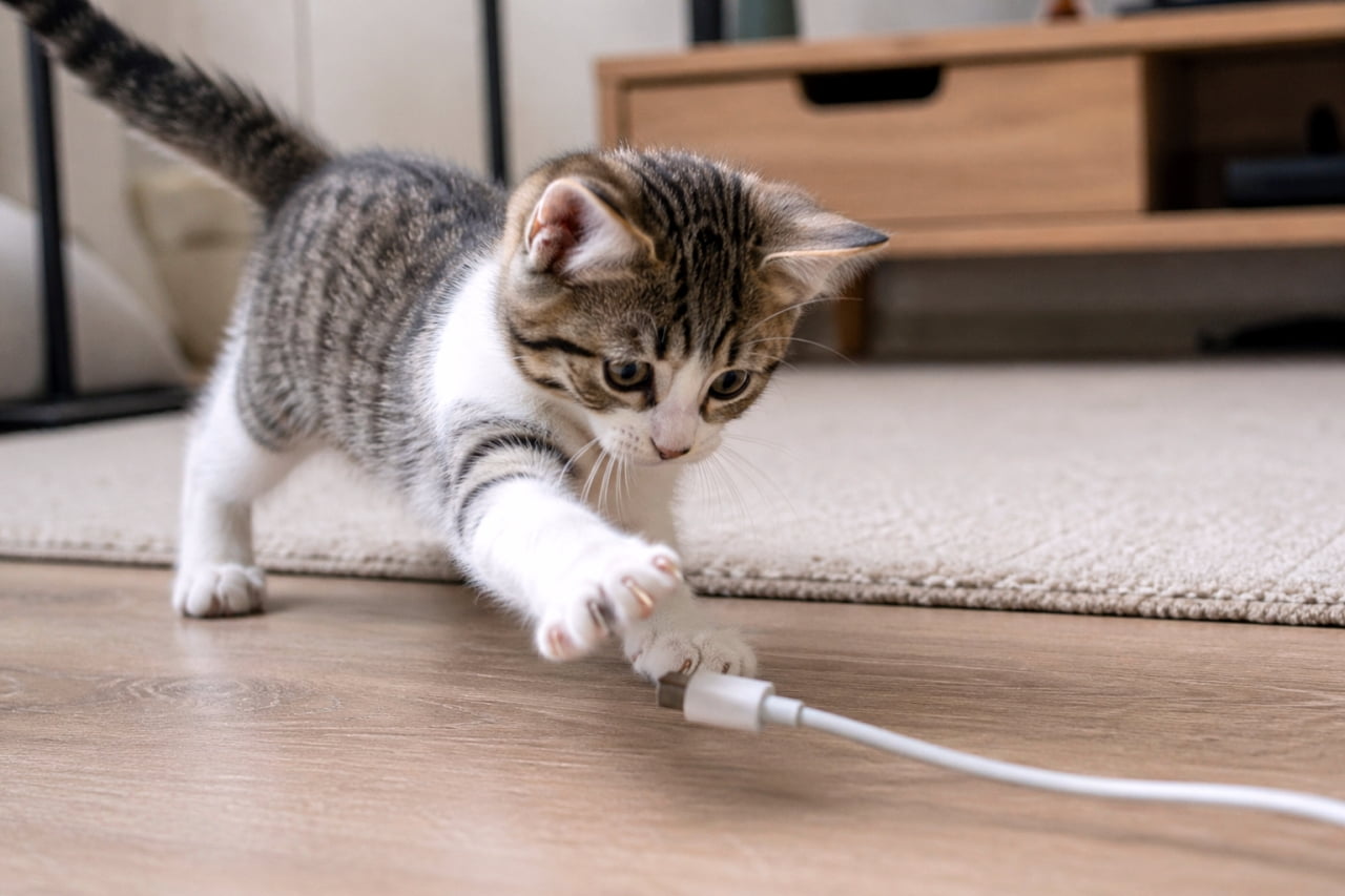 「狙いを定めて…えいっ！🐈💨スマホの充電ケーブルは、子猫にとって最高のオモチャ⚡断線には要注意ですね😅」A playful tabby kitten stretching its body on a wooden floor to bat at and play with a white USB charging cable, with its sharp little claws slightly extended. フローリングの床の上で体を伸ばし、少しだけ鋭い爪を立てながら白いUSB充電ケーブルに前足を伸ばして夢中で遊んでいる、おてんばなキジトラの子猫