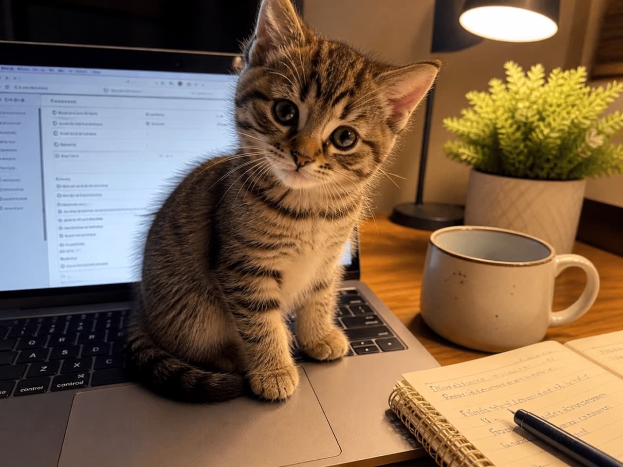 「お仕事中？それとも遊んでくれる？💻🐈デスクワークの癒し度MAXなキジトラちゃんに一目惚れ間違いなし✨」Ultra-realistic high-quality photograph of a tabby kitten sitting on a laptop keyboard on a desk, looking at the camera, with a lamp, plant, mug, and notebook in the background. パソコンのキーボードの上に座り、こちらを見つめるキジトラの子猫。背景にはデスクライト、観葉植物、マグカップ、ノートが配置されている