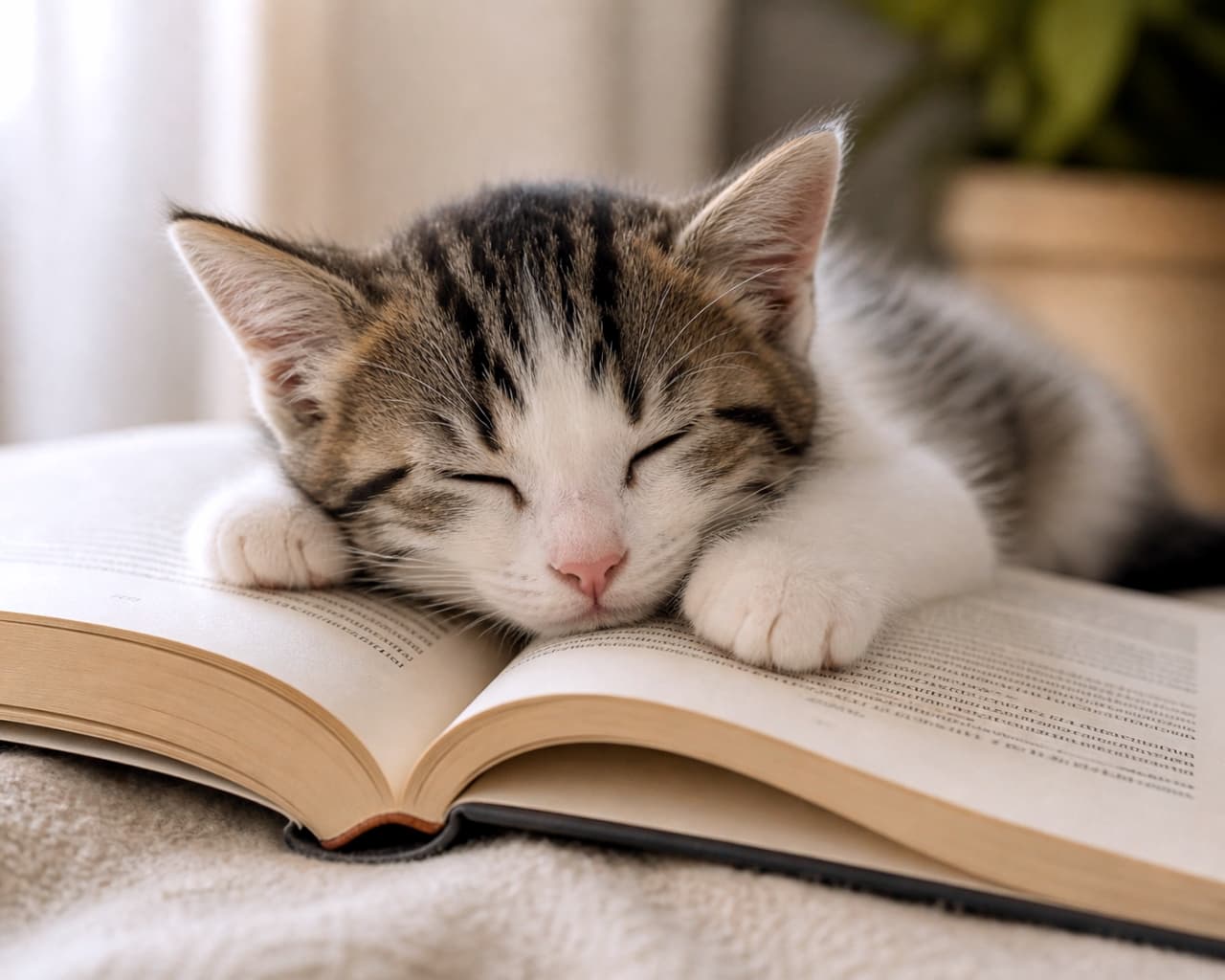 「読書の途中でうとうと。本の上がすっかりお気に入りのベッドになってしまったようです✨」Ultra-realistic high-quality photograph of a kitten sleeping peacefully with its chin resting on an open book. ベッドの上に広げられた厚い本の上に顎を乗せて、目を閉じて気持ちよさそうに眠っている子猫