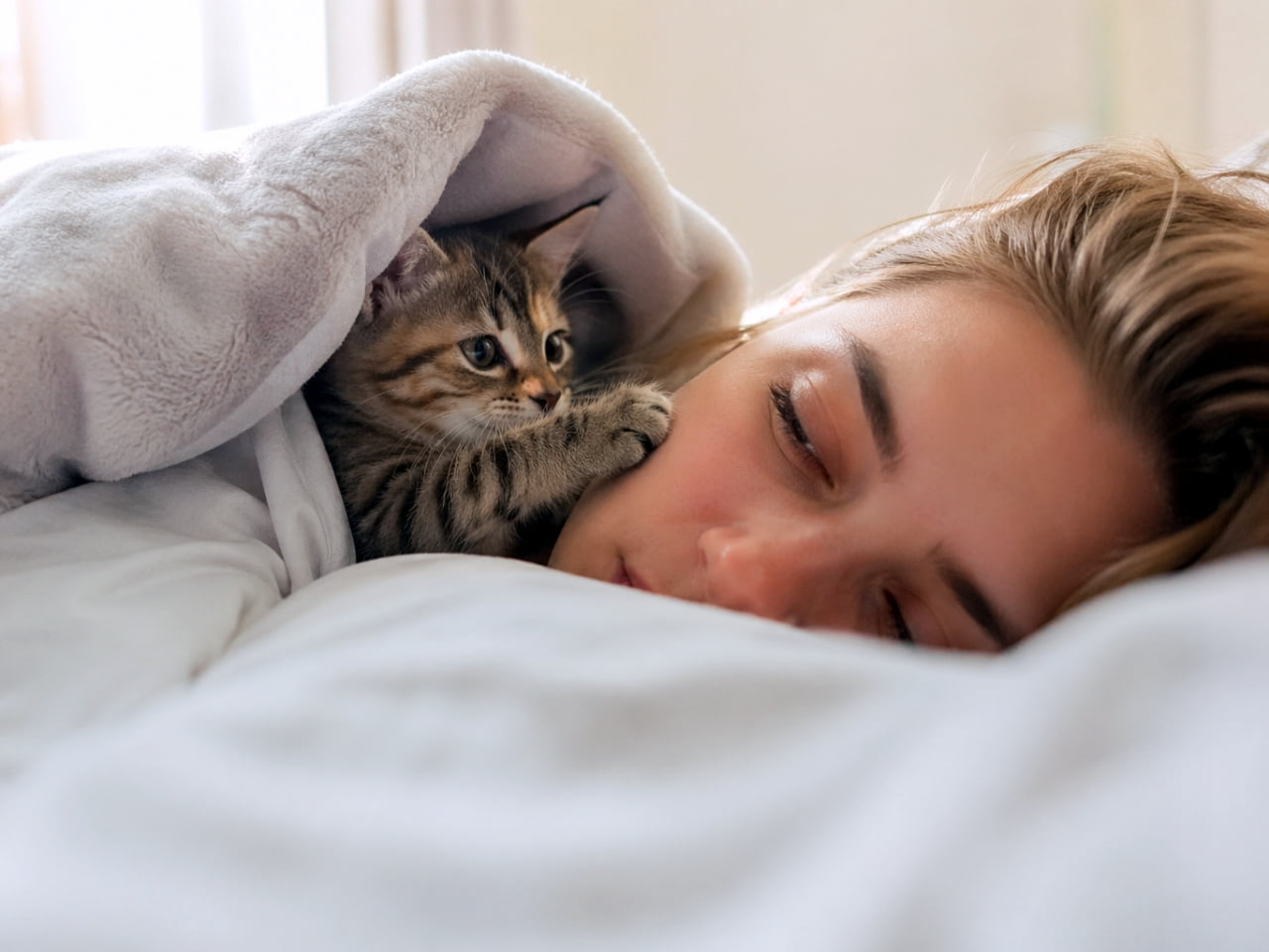 「「起きてにゃ〜！」🐾飼い主さんのほっぺに肉球をポンっ！こんな可愛いモーニングコールなら毎日大歓迎ですよね😍」A cute tabby kitten peeking out from under a fluffy white blanket, gently resting its small paw on the cheek of a young woman who is sleeping soundly next to it. ふわふわの白い毛布の中から顔を出した可愛らしいキジトラの子猫が、隣でぐっすりと眠っている若い女性の頬に、小さな前足をそっと乗せている心温まる場面