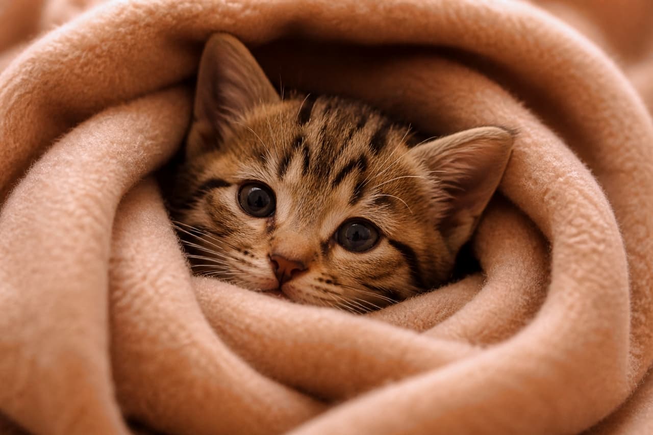「寒〜い日は毛布にくるまるのが一番ニャ🧣ぬくぬくおくるみ状態の子猫の瞳に吸い込まれそう🥺🐈」Ultra-realistic high-quality photograph of a close-up of a tabby kitten wrapped tightly in a fluffy blanket, with only its face showing and looking directly at the camera. ふわふわの毛布にすっぽりと顔だけを出してくるまり、こちらを見つめるキジトラの子猫のクローズアップ