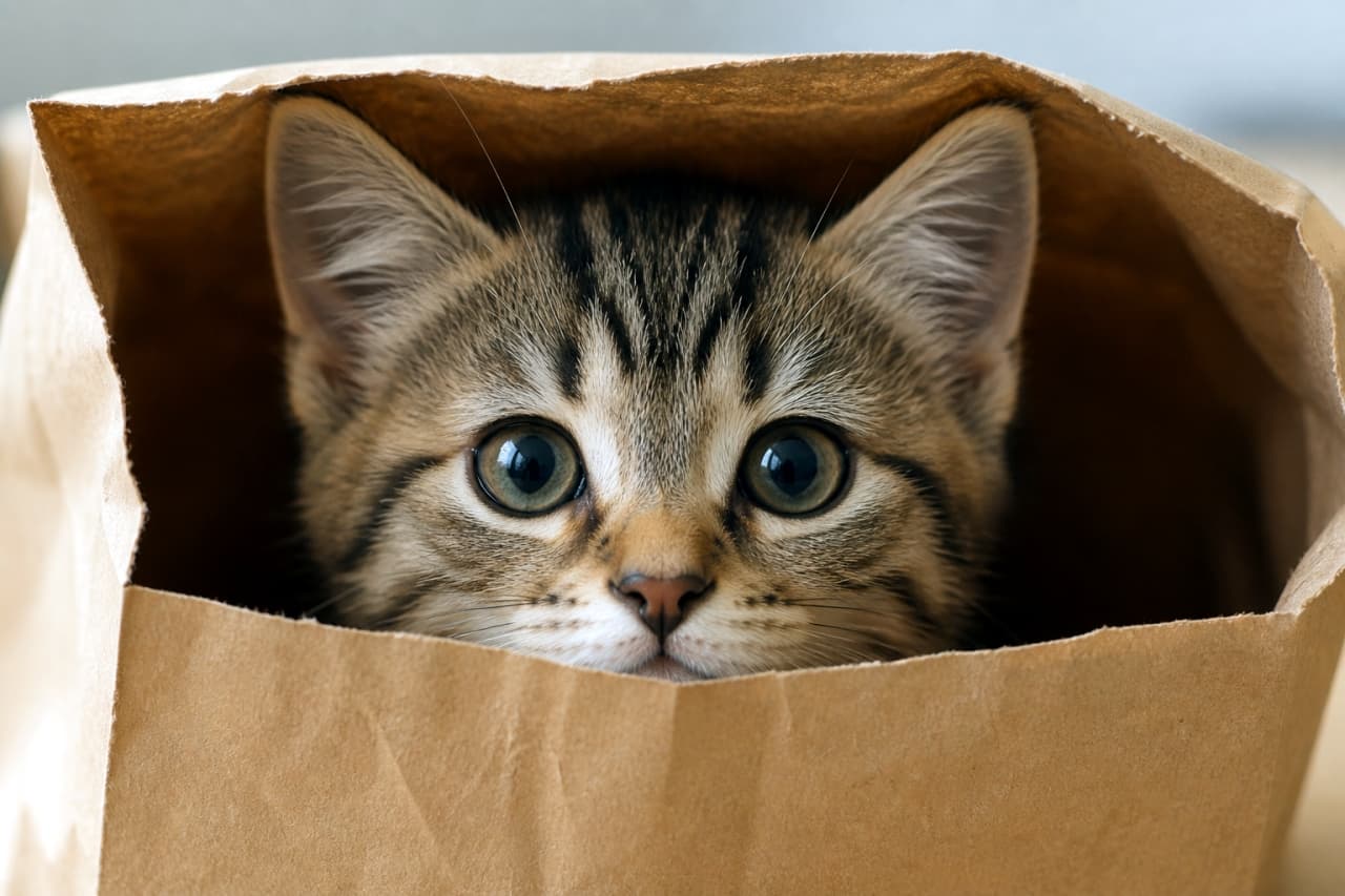 「「ガサガサ…あっ、見つかっちゃったニャ！🛍️🐾」 大好きな紙袋の秘密基地から、ひょっこりお顔を出すキジトラ子猫ちゃん🐱✨ こんなにまん丸のおめめで見つめられたら、もうメロメロです🥺💕 #子猫 #紙袋と猫 #かくれんぼ #キジトラ」Ultra-realistic high-quality close-up photograph of a tabby kitten peeking out from inside a brown paper bag. Its large, curious round eyes, nose, and mouth are clearly visible above the bag's edge, looking directly at the camera under soft natural lighting. 茶色い紙袋の中から顔を覗かせているキジトラの子猫のクローズアップ写真。袋の縁から大きな丸い目、小さな鼻、口元がしっかりと見えており、好奇心旺盛に真っ直ぐカメラを見つめている。被写体にピントが合い、背景が柔らかくボケた高画質画像