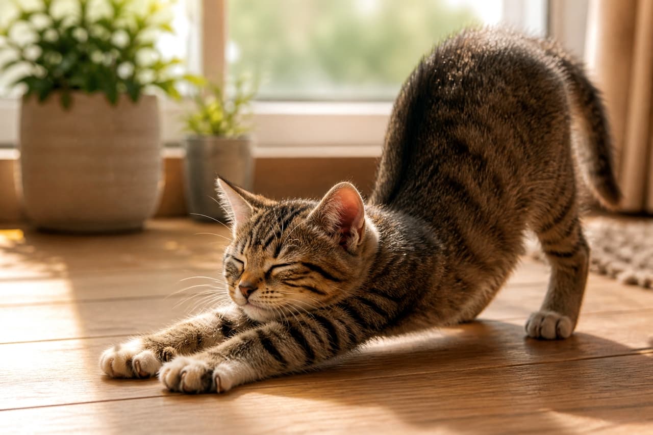「う〜ん、のびのび〜🐾 朝の準備体操はバッチリにゃ🐈🌿 今日も一日がんばろう！ #キジトラ #子猫 #ストレッチ」Ultra-realistic high-quality photograph of a brown tabby kitten doing a big stretch with eyes closed on a sunlit wooden floor, with potted plants in the background. 陽の当たるフローリングの床の上で、目を閉じて気持ちよさそうに前足を伸ばしてストレッチをするキジトラの子猫。背景に観葉植物