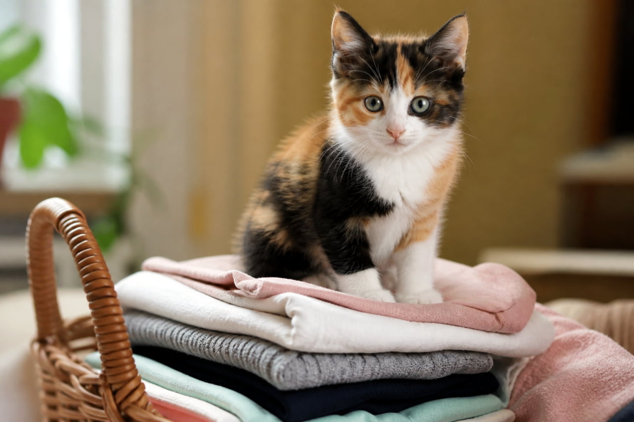 「洗濯物の上は特等席にゃ🧺✨ ふかふかのタオルに囲まれてご機嫌な三毛猫ちゃん🐈 #三毛猫 #子猫 #癒し」Ultra-realistic high-quality photograph of a calico kitten sitting on folded laundry in a wicker basket, looking at the camera with a blurred background. バスケットに入った畳まれた洗濯物の上に座り、カメラを見つめる三毛の子猫。背景は適度にぼやけ、被写体が強調されている