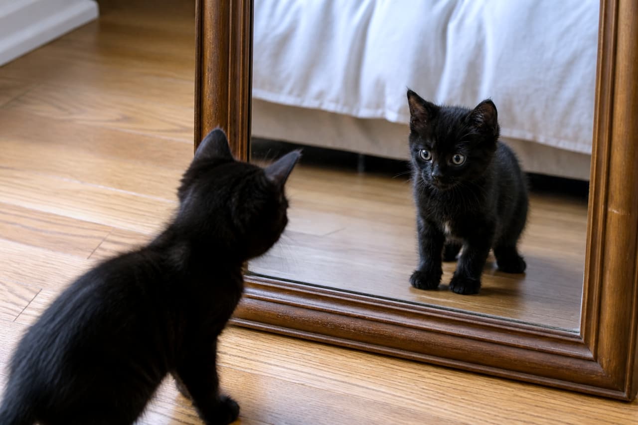 「鏡の前でフリーズしちゃった子猫ちゃん🐾鏡越しにバッチリ目が合っちゃった！ドキドキが伝わってきそうな、好奇心旺盛な黒猫ちゃんの決定的瞬間📸✨」Ultra-realistic high-quality photograph of a curious black kitten looking into a wooden-framed floor mirror. Over-the-shoulder shot capturing its cute expression and a tiny white patch on its chest. 木製の鏡の前で立ち止まり、反射した自分を見つめる黒猫の子猫の後ろ姿。鏡の中には胸元の小さな白い毛が見える愛らしい表情が映っている。明るいフローリングの室内