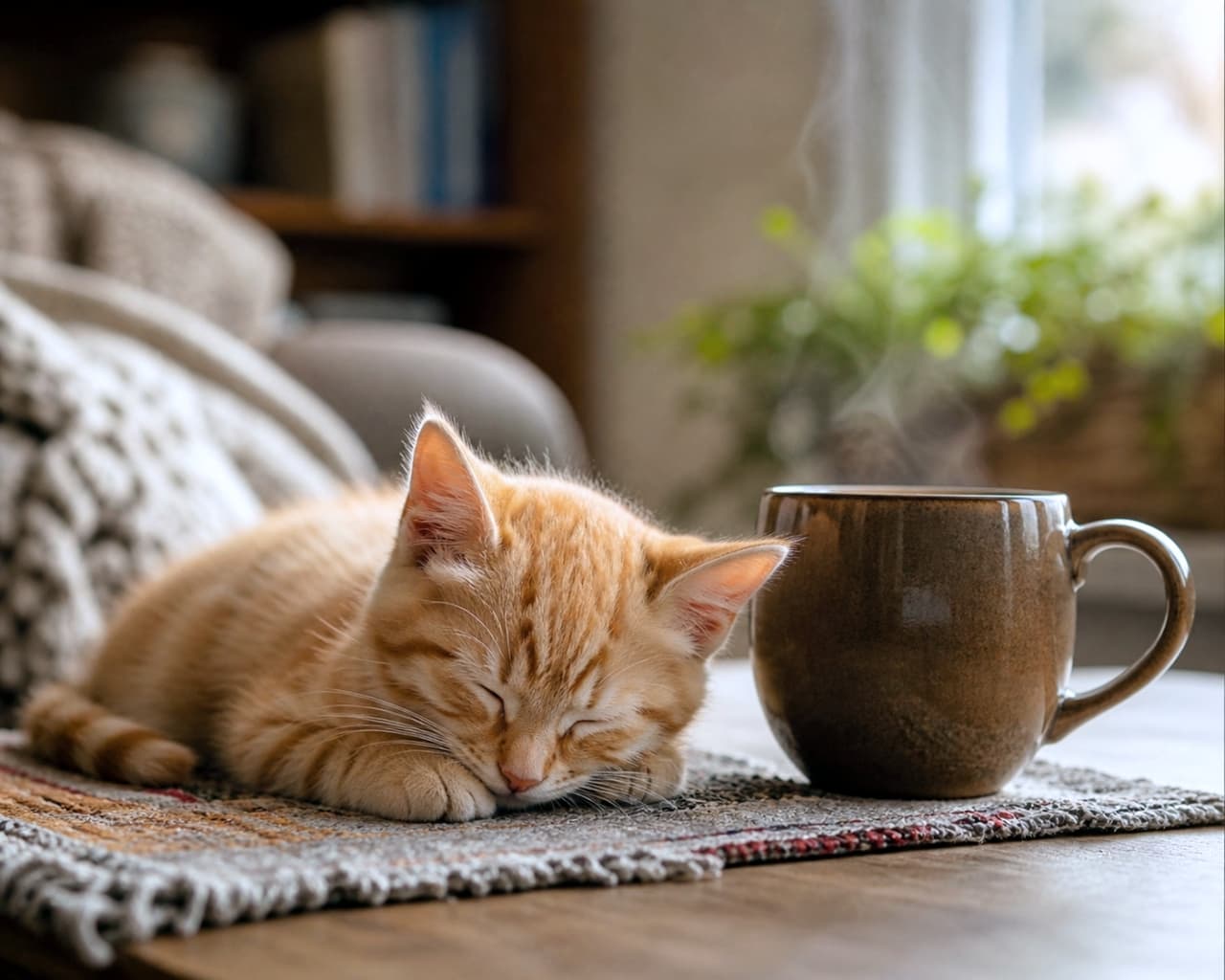 「ほっと一息☕️ ぽかぽかのマグカップの隣で、スヤスヤ夢の中へ…💤🐈 #茶トラ #お昼寝 #カフェタイム」Ultra-realistic high-quality photograph of an orange tabby kitten sleeping peacefully next to a steaming brown mug on a woven mat, warm lighting. 湯気の立つ茶色いマグカップの横で、マットの上に伏せて目を閉じて眠る茶トラの子猫。温かみのある照明