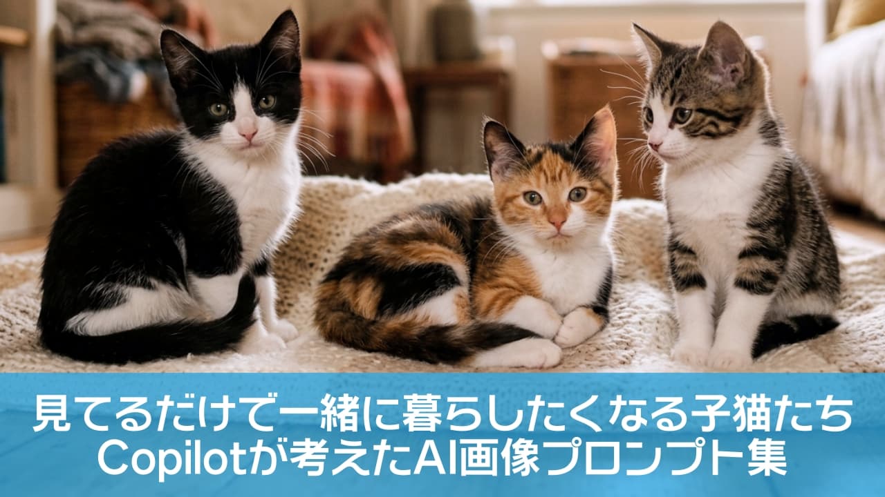 「おしゃれなリビングでまったりタイム☕🌿こんな可愛い子たちとお家でゴロゴロ過ごしたいですね🐈🐾」Ultra-realistic high-quality photograph of three kittens (tuxedo, calico, and brown tabby with white) relaxing on a textured rug over a wooden floor in a cozy, sunlit living room. 日差しの入る温かみのあるリビングルームの木床に敷かれたラグの上で、リラックスしてくつろぐハチワレ、三毛、キジ白の3匹の子猫たち。インテリア雑誌のような高品質な写真