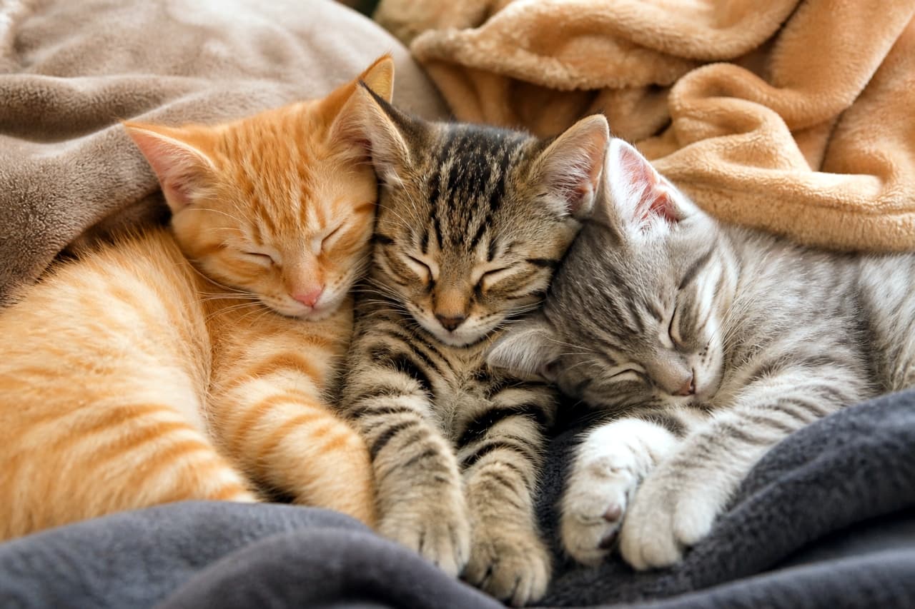 「スヤスヤ寝息が聞こえてきそう🤫💤毛布にくるまった子猫たちの寝顔は、世界を平和にしますね🌍💖」Ultra-realistic high-quality close-up photograph of three kittens (ginger, brown tabby, silver tabby) sleeping peacefully in a row, wrapped in soft, fluffy blankets. 柔らかい毛布に包まれ、茶トラ、キジトラ、サバトラの3匹の子猫が仲良く並んで目を閉じてスヤスヤと眠っている、温かみのあるクローズアップ写真
