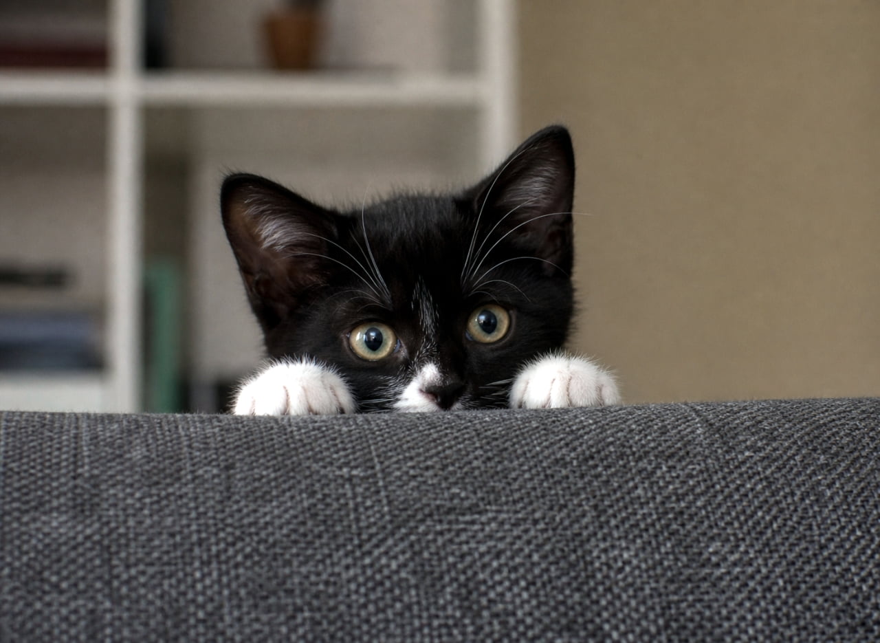「じーっ👀✨ ソファの向こうから可愛いストーカーが狙ってる！？🐈‍⬛🐾 #ハチワレ #子猫 #猫のいる暮らし」Ultra-realistic high-quality photograph of a black and white tuxedo kitten peeking over the edge of a gray sofa with wide eyes. グレーのソファの縁に前足をかけ、大きな瞳でこちらを覗き込むハチワレ（白黒）の子猫