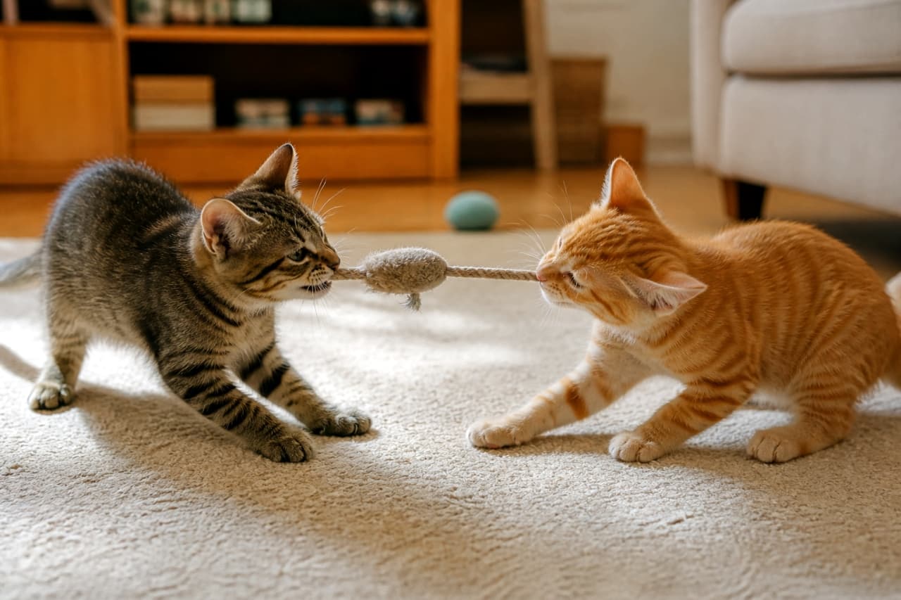 「譲れない戦いがここにある🔥 おもちゃに夢中なやんちゃ子猫たちの日常風景です🧸🐾」Ultra-realistic high-quality photograph of a tabby kitten and an orange tabby kitten playfully tugging on a mouse toy on a string over a carpeted floor. キジトラと茶トラの2匹の子猫が、カーペットの上でネズミのおもちゃを両端から引っ張り合って遊んでいる写真