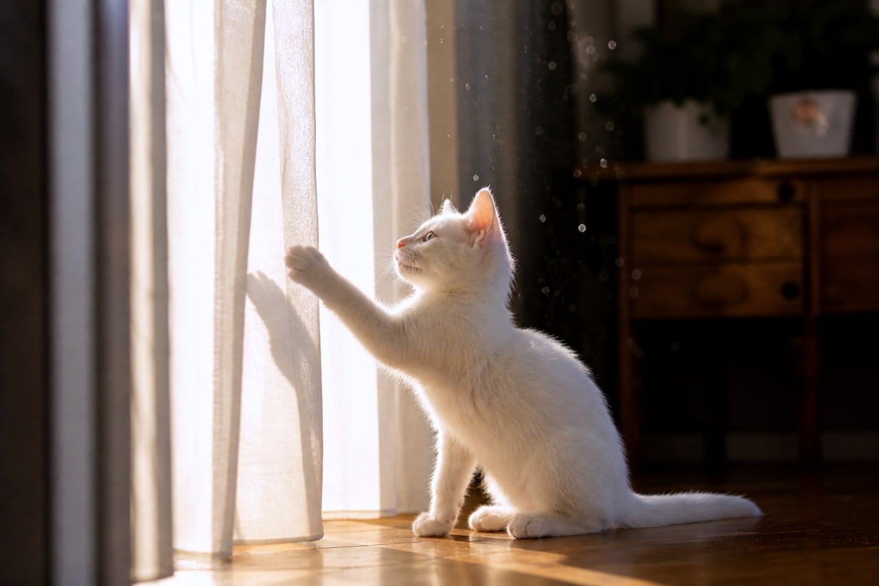 「光のイタズラ✨ ひらひら揺れるカーテンに夢中な白猫ちゃん🤍🐈 カーテン越しの光が綺麗！ #白猫 #子猫 #日差し」Ultra-realistic high-quality photograph of a white kitten reaching up to play with a sheer white curtain in beautiful back-lit sunlight. 窓際で光の透ける白いレースカーテンに前足を伸ばしてじゃれつく白い子猫。逆光気味の美しい自然光