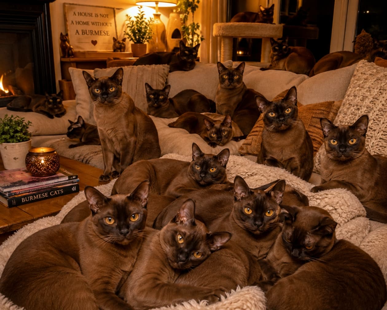 「バーミーズがぎっしり！🍫🐾チョコ色の毛並みに包まれる、夢のような猫まみれショット✨この密度、たまらにゃい…😻 #バーミーズ #猫のいる幸せ #眼福」Ultra-realistic high-quality photograph of numerous Burmese cats cuddling together on a sofa under warm lighting, showcasing their sleek chocolate fur and golden eyes. ソファの上で折り重なるように密集してくつろぐ、たくさんのバーミーズたちの超リアルな高画質写真。温かみのある間接照明の中、艶やかなチョコ色の毛並みと金色の瞳が際立っている