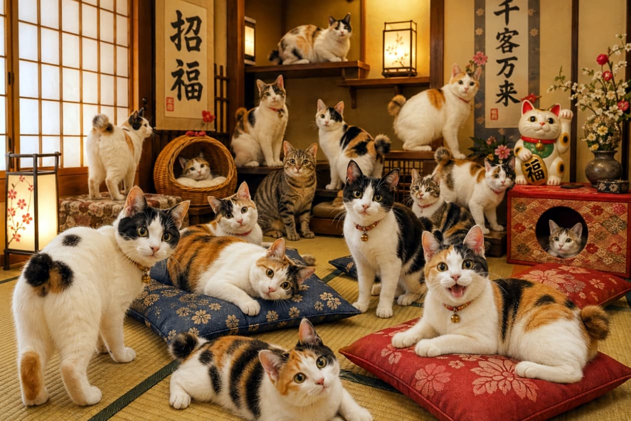 「和室×三毛猫の組み合わせがたまらない😍縁起が良さそうな猫ちゃんの集会に混ざりたい人〜？🙋‍♀️🐾」Ultra-realistic high-quality photograph of many calico cats gathering in a traditional Japanese room with tatami mats. In the background, there are hanging scrolls, a Maneki-neko (beckoning cat), and soft light shining through shoji screens, creating a warm and auspicious atmosphere. 畳の敷かれた伝統的な和室に集まる、たくさんの三毛猫たちの超リアルで高画質な写真。背景には「招福」と書かれた掛け軸や招き猫、障子から差し込む柔らかな光があり、温かく縁起の良い雰囲気を演出している