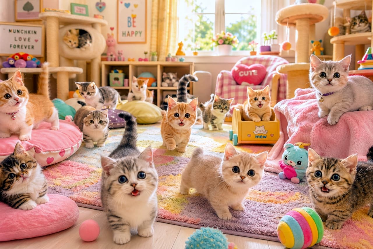 「元気いっぱいの子猫たちがおもちゃに夢中！🥰カラフルなお部屋で今日も大はしゃぎだよ🌈🐾」Ultra-realistic high-quality photograph of various cute kittens playing energetically surrounded by toys and cushions in a colorful, sunlit playroom. 明るい日差しが差し込むカラフルな子供部屋で、おもちゃやクッションに囲まれて元気に遊ぶさまざまな種類の子猫たちの超高画質リアル写真