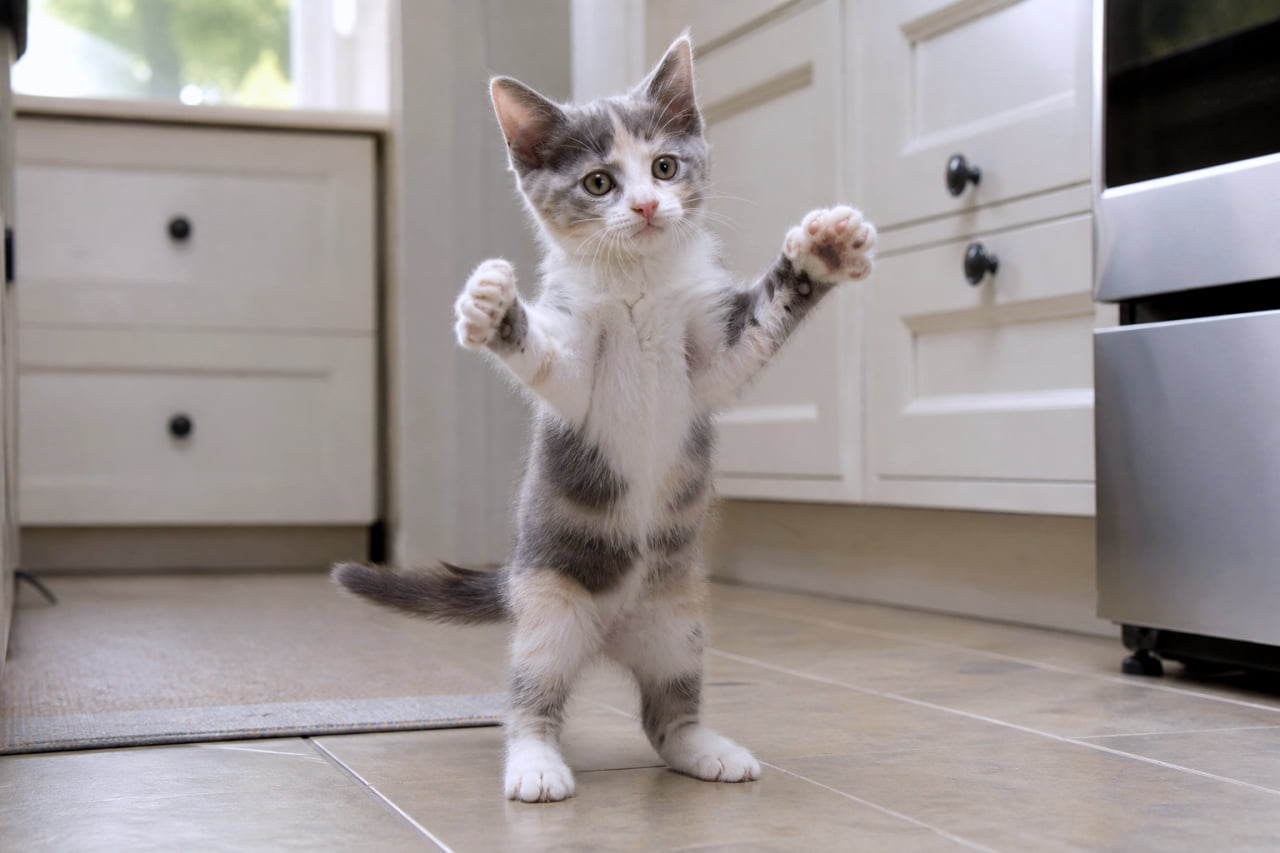 「「だっこしてー!」かな?「がおー!」かな?🐾 一生懸命に立ち上がる姿が愛おしすぎますね🥺🍼 #三毛猫 #子猫動画」Ultra-realistic high-quality photograph of a playful dilute calico kitten standing on its hind legs with its front paws raised in a bright kitchen. 白を基調としたキッチンの床で、二本足で立ち上がり、両方の前足を広げて遊んでいるパステル三毛の子猫の高画質な写真
