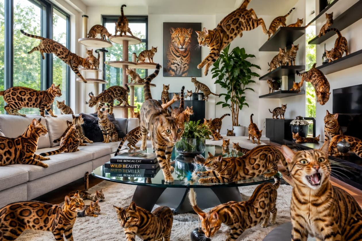 「野生味たっぷり！🐆 お部屋中を駆け回るベンガルちゃんたちのパワーに圧倒されちゃう躍動感満載の1枚✨」Ultra-realistic high-quality photograph of multiple Bengal cats jumping and playing in a sunlit modern living room with cat trees. Dynamic composition highlighting their spotted coats and athletic movements. たくさんのベンガル猫がモダンなリビングを飛び跳ね、キャットタワーやソファで活発に遊んでいる様子。日光が差し込む明るい室内、野生味のあるスポット模様、躍動感あふれる構図の高品質な写真