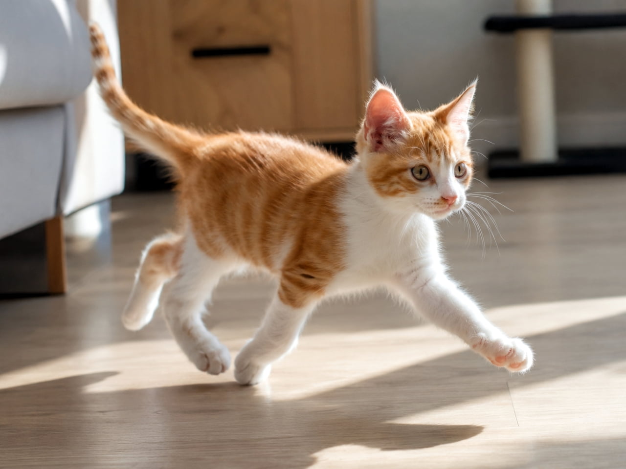 「ダッシュで一直線!💨 毎日元気いっぱいな子猫ちゃんの姿から、たくさんパワーをもらえますね☀️ #茶白猫 #子猫のいる生活」Ultra-realistic high-quality photograph of a playful ginger and white kitten running energetically across a sunlit wooden floor. 日差しの差し込むフローリングの部屋を、元気いっぱいに走っている茶トラ白の子猫の躍動感あふれる高画質な写真