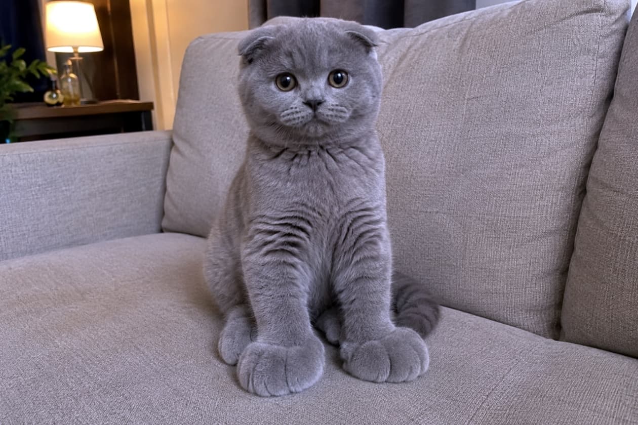 「若猫の可愛さを狙ったはずが、前足がムキムキの腫れぼったい姿に…！😂 思わぬ失敗作だけど、このアンバランスさも愛嬌かも？🐾✨」An adorable grey kitten with folded ears sitting upright on a beige fabric sofa, looking directly at the camera with large, curious eyes. Although intended to depict the delicate features of a young cat, this AI-generated image is a failed attempt where the front paws appear unnaturally thick and swollen, losing their realistic proportions. The background features a dimly lit room with a warm lamp glow. ベージュの布製ソファに座り、大きな瞳でこちらをじっと見つめるグレーの折れ耳の子猫。若猫特有のあどけなさを表現しようとしたものの、AI生成の過程で前足が不自然に大きく、腫れぼったいグローブのように描写されてしまった失敗作です。背景には温かい光のランプが置かれた室内が映り込んでいます Prompt: "Full body photograph of a 5 month old gray Scottish Fold kitten sitting upright on a sofa. It retains its natural stocky core build, but features a remarkably small round face with folded ears and disproportionately massive paws, giving an awkward teenage silhouette. Cozy home lighting --ar 3:2 --no slender, long legs, elongated torso, extra limbs, bad anatomy, mutated"