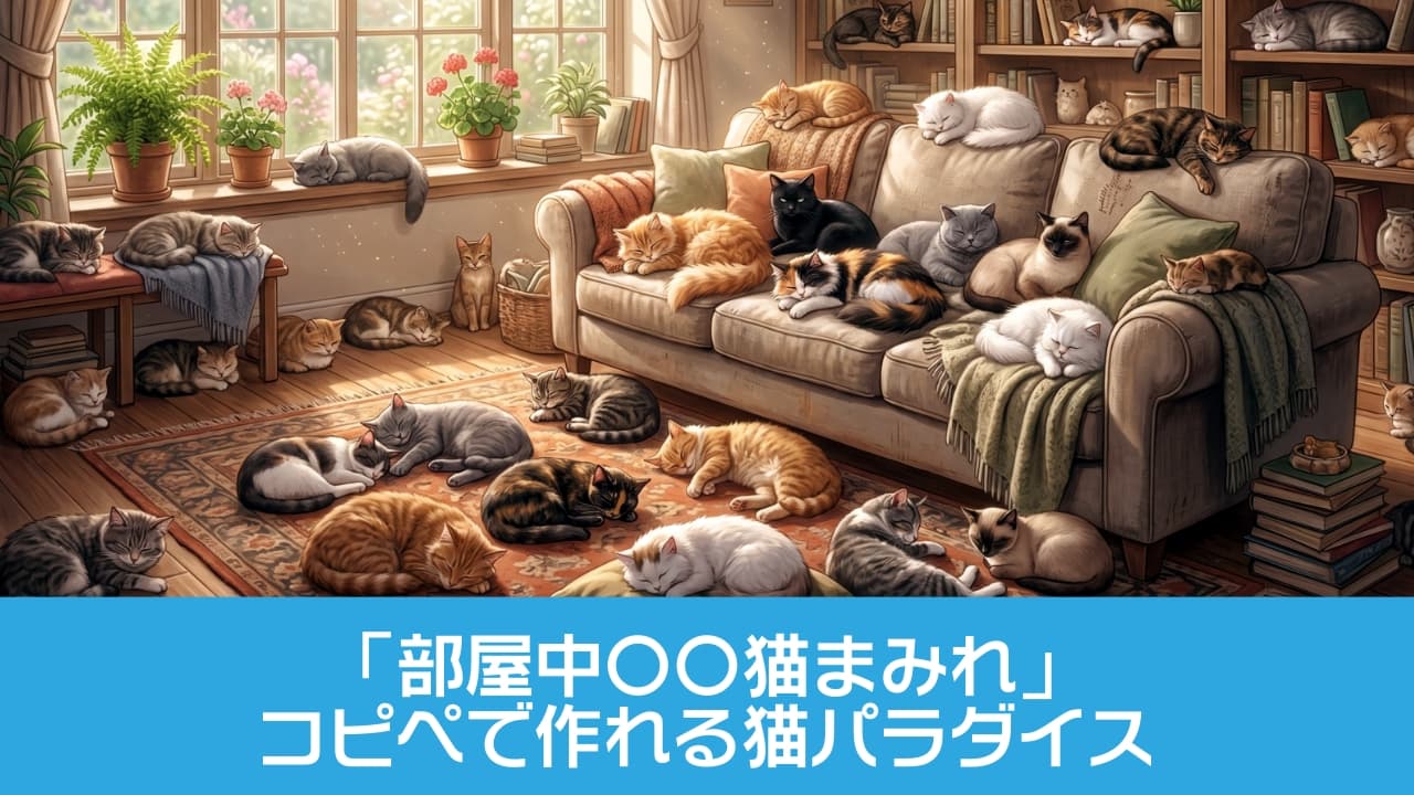 「部屋中ぜーんぶ猫、猫、猫！🐈💤 陽だまりのリビングで思い思いにお昼寝する姿は、まさに天使の楽園です👼💕 #猫のいる暮らし #多頭飼い #癒しイラスト」High-quality highly detailed illustration of a heartwarming sunlit living room completely overflowing with adorable cats of various breeds peacefully sleeping on the sofa, rugs, and bookshelves. Warm natural light creates a cozy and angelic atmosphere. 暖かい自然光が差し込むアンティーク調のリビングルームの至る所で、様々な種類の猫たちが平和に眠っている心温まる高画質なイラスト。ソファ、ペルシャ絨毯、本棚、窓辺など、部屋中がくつろぐ猫たちで溢れている、優しく居心地の良い空間