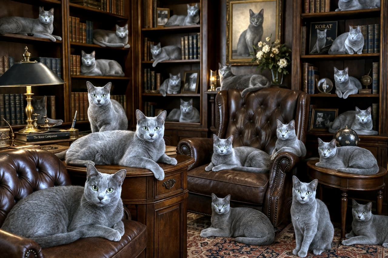 「重厚な書斎を支配する、気品あふれるコラットちゃんたち。📖🐈 シルバーの毛並みがアンティークに映える！」Ultra-realistic high-quality photograph of several silvery-blue Korat cats in a classic, ornate Gothic library filled with antique bookshelves and leather chairs. Diffused warm lamplight. 重厚な木製の本棚が壁一面に広がる、アンティークなゴシック調の書斎。複数のシルバリーブルー（銀青色）のコラット猫が、チェスターフィールドの革ソファ、デスク、本棚の棚に静かに座ったり寝そべったりしている。暖色のランプ光