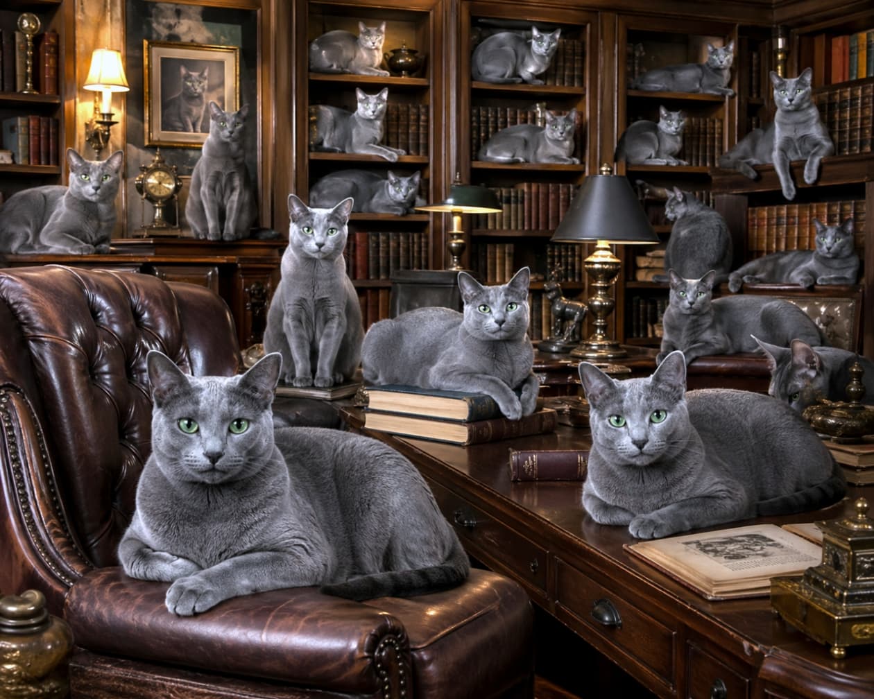 「コラット猫たちの秘密の会議？📜🖋️ 知的な雰囲気漂う、銀青色の猫たちの集い。#Korat」Ultra-realistic high-quality photograph featuring a larger group of silvery-blue Korat cats in an antique Gothic study, focusing on cats near a desk and armchairs with wall-to-wall bookshelves in the background. Warm light. 重厚な木製本棚とデスクがある、別のアンティークな書斎。手前のチェスターフィールドソファとデスクに、大きなコラット猫が複数座っている。奥の本棚にも多くのコラット猫。デスク上のランプが猫を照らす。