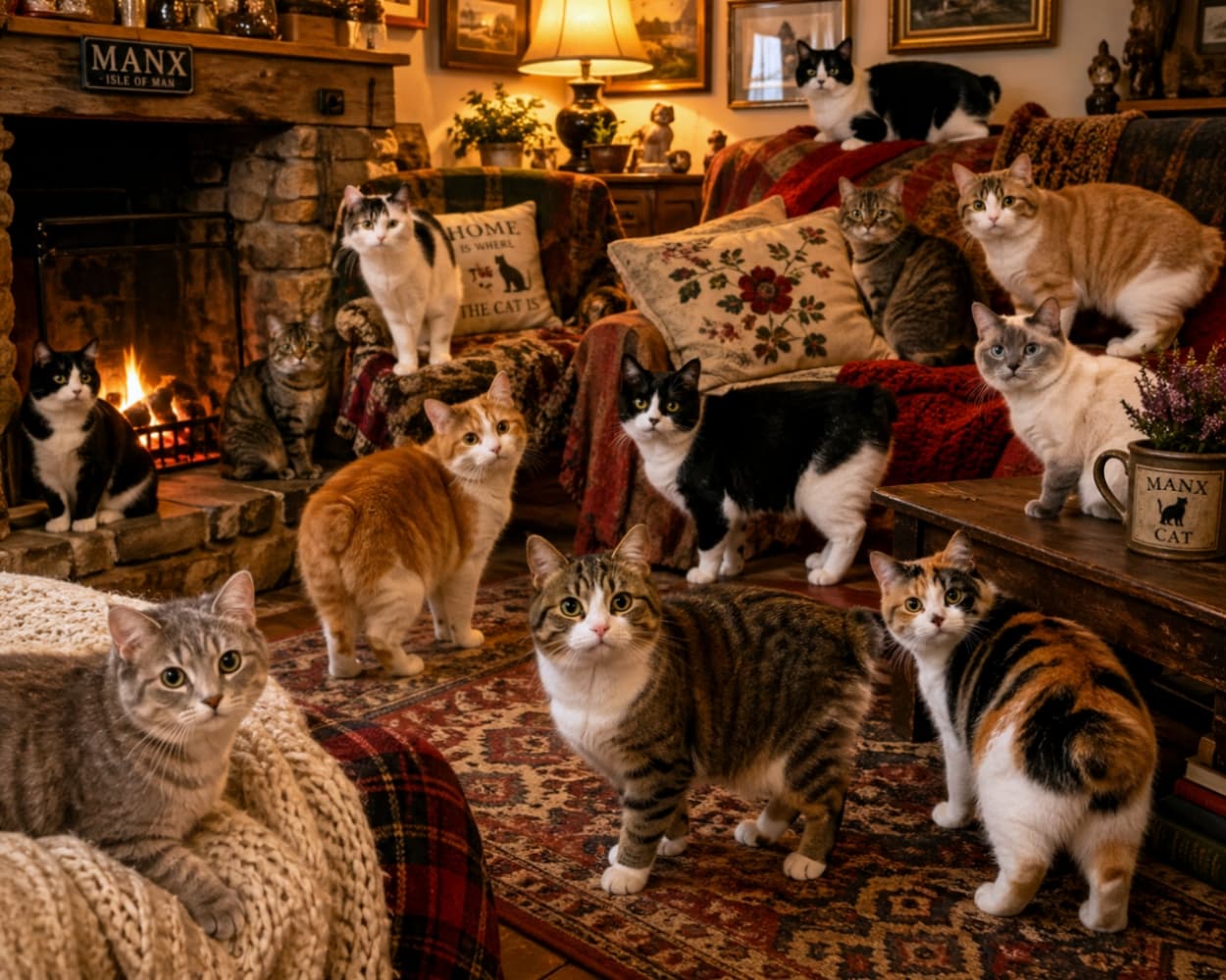 「まさに猫パラダイス！🏠暖炉の前でマンクスたちが大集合🐾この「猫まみれ」な空間、混ざりたすぎるにゃ…💖 #マンクス #猫まみれ #癒やしの空間」Ultra-realistic high-quality photograph of many Manx cats gathered in a warm, rustic cottage with a fireplace, featuring various fur colors and patterns looking toward the camera. 暖炉のある温かいコテージの室内で、たくさんのマンクスたちが思い思いにくつろぐ超リアルな高画質写真。キジトラ、茶トラ、ハチワレなど多様な毛色の猫たちが密集し、こちらをじっと見つめている