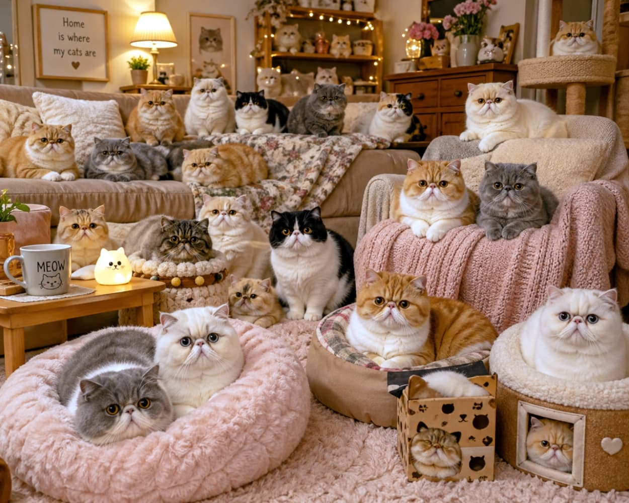 「寒もふもふ大渋滞😍！みんなどこにいるか見つけられるかな？至福の猫まみれ空間です🐾✨」Ultra-realistic high-quality photograph of many Exotic Shorthair and Persian cats relaxing on a sofa, cat beds, and a cat tower in a cozy, warmly lit living room. 暖かみのある照明のリビングルームで、ソファやベッド、キャットタワーなどに集まりくつろぐ、たくさんのエキゾチックショートヘアやペルシャ猫たちの超高画質リアル写真