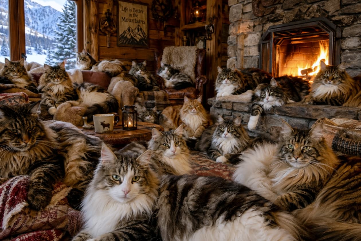 「外は雪景色でも、お部屋の中はぽっかぽか🔥もふもふのノルウェージャンフォレストキャットちゃんたちと冬のおこもり大賛成☃️🐾」Ultra-realistic high-quality photograph of large and majestic Norwegian Forest Cats relaxing in a log cabin with a fireplace and a window overlooking a snowy landscape. The contrast between the warmth of the fire and the cold outside is beautiful. 雪景色が見える窓と暖炉があるログハウスの中でくつろぐ、大型で風格のあるノルウェージャンフォレストキャットたちの超リアルで高画質な写真。暖炉の炎の温かみと、外の寒さのコントラストが美しい