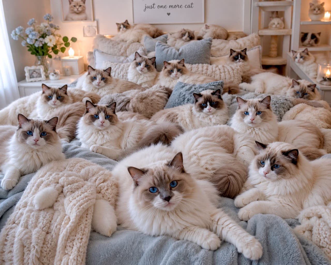 「青い瞳のラグドールたちがベッドを占拠中🛏️☁️白と水色のふわふわ空間で、猫たちと一緒に夢の中へダイブしたいな〜😴💙」A bright, serene bedroom featuring a large bed covered in soft, light blue and white blankets, completely occupied by numerous beautiful Ragdoll cats. The cats display their striking blue eyes and colorpoint, semi-longhair coats. 柔らかいライトブルーとホワイトのブランケットが敷かれた大きなベッドを、多数の美しいラグドールの猫たちが占拠している、明るく穏やかな寝室の画像。猫たちは印象的な青い瞳と、カラーポイントのある半長毛の被毛を披露しています