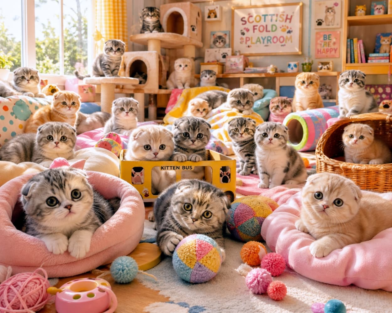 「ころんとしたフォルムがたまらない😻スコティッシュフォールドの子猫たちがい〜っぱい！おもちゃ箱みたいな可愛いお部屋だよ🐾」A highly detailed, photorealistic image of numerous Scottish Fold kittens with their characteristic folded ears playing in a brightly lit, cheerful playroom. The room is filled with colorful cat beds, a cat tower, toys, and a yellow toy bus labeled "KITTEN BUS". 特徴的な折れ耳を持つたくさんのスコティッシュフォールドの子猫たちが、明るく楽しい雰囲気のプレイルームで遊んでいる、非常に詳細で写実的な画像。部屋にはカラフルな猫用ベッド、キャットタワー、おもちゃ、「KITTEN BUS」と書かれた黄色いおもちゃのバスが置かれています