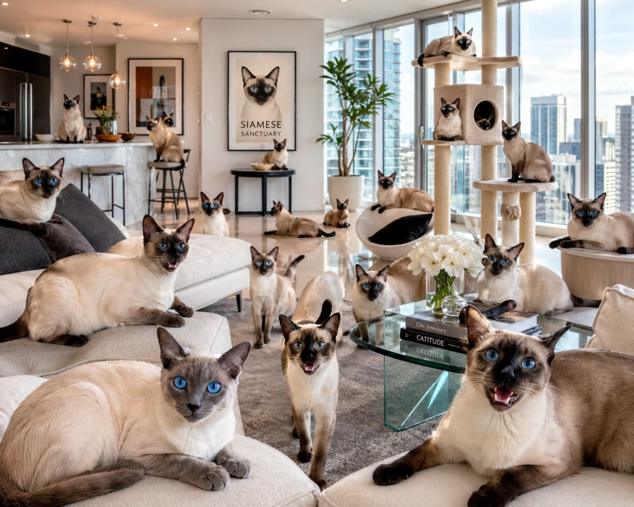 「窓の外には都会のパノラマ🏙️ クールなシャム猫ちゃんたちが集う、まさに天空のサンクチュアリです🐈✨」Ultra-realistic high-rise apartment photograph featuring Siamese cats. Panoramic city views and minimalist modern decor accentuate their pointed coats in bright daylight. 高層マンションの大きな窓から都会の景色が見える、スタイリッシュなリビングに集まるシャム猫たち。キャットタワーやモダンな家具が並ぶ、開放的で明るい自然光の空間