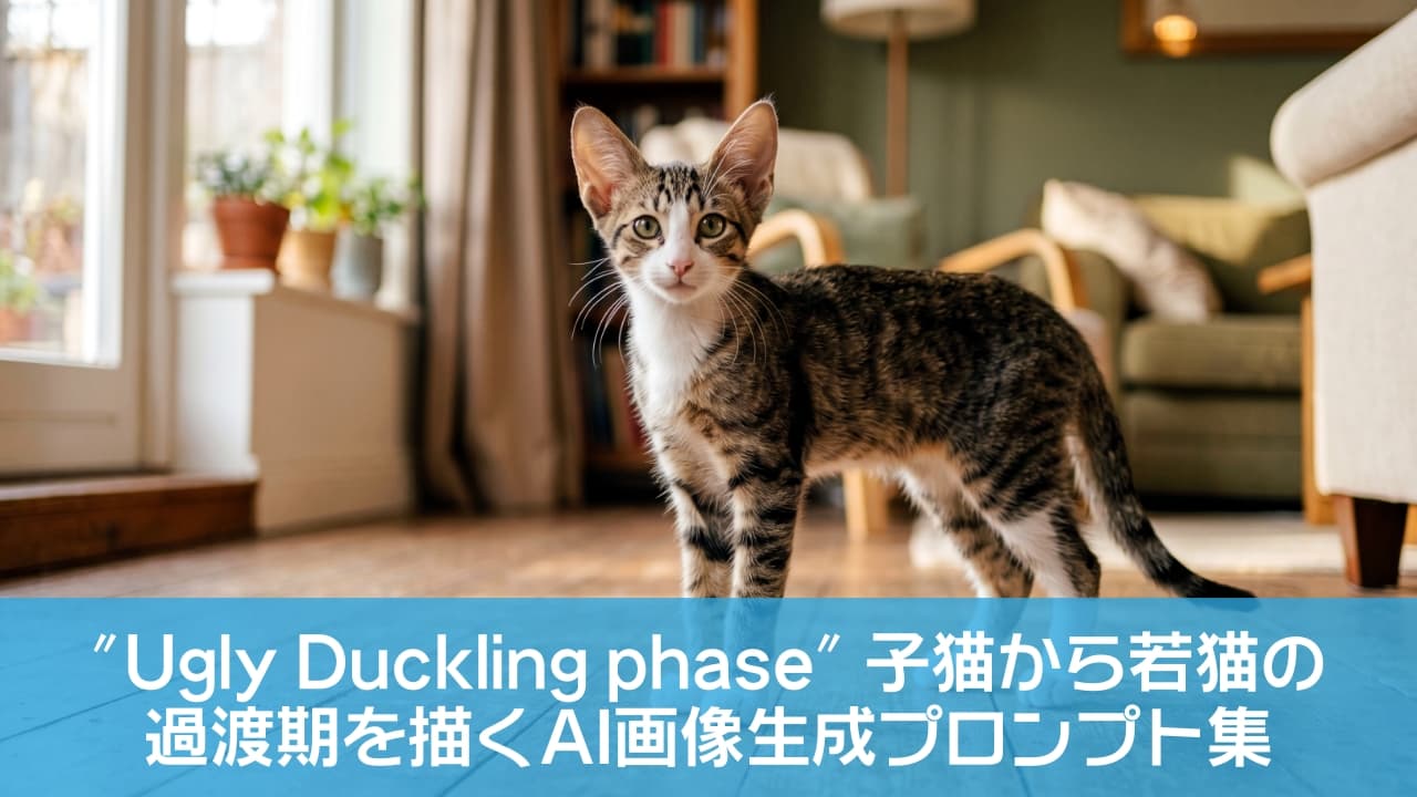 「「みにくいアヒルの子」なんて言わせない！モデル級のスタイルとキュートな耳で、未来のイケメン猫確定かも？💖🐱」A full-body photograph of a slender mixed-breed kitten, approximately five months old, standing gracefully on a worn wooden floor in a cozy, sunlit living room. The kitten exhibits the distinct features of its "ugly duckling phase" growth, including naturally long limbs and oversized ears, making its proportions appear uniquely charming. It has a tabby and white coat and is looking directly at the camera with curious eyes. The background is a soft-focus (bokeh) scene of a comfortable interior with potted plants by a glass door and an armchair, bathed in warm, cinematic light. 居心地の良い、日差しの差し込むリビングルームで、使い込まれた木製の床の上にエレガントに立つ、生後5ヶ月ほどのほっそりとしたミックス猫の子猫の全身写真。この成長段階特有の、長く伸びた手足と大きな耳が特徴的で、アンバランスなプロポーションがユニークな魅力を放っている。毛並みは茶トラと白で、好奇心旺盛な瞳でカメラをじっと見つめている。背景は、ガラス戸のそばにある鉢植えやアームチェアが置かれた室内がソフトフォーカス（ボケ）で写っており、温かみのあるシネマティックな光に包まれている