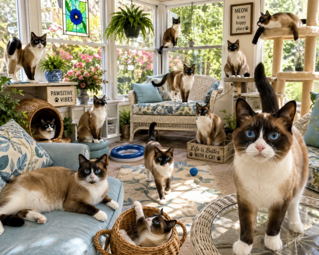 「お日様ぽかぽかサンルームでお昼寝☀️青い瞳がチャームポイントの猫ちゃんたちと、のんびり過ごしたいな🌱🐾」Ultra-realistic high-quality photograph of Snowshoe cats spending time as they please in a bright sunroom decorated with houseplants. The natural light shining through the windows beautifully highlights their blue eyes and white paws. 観葉植物が飾られた明るいサンルームで思い思いに過ごす、スノーシュー（またはシャムミックス）たちの超リアルで高画質な写真。窓から差し込む自然光が、猫たちの青い瞳と白い足先を美しく引き立てている