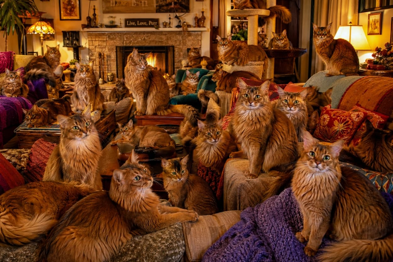 「暖炉のぬくもりに包まれて。🔥🏠 ソマリのふわふわ大家族、全員集合！🐈 #SomaliCat #WarmVibes」Ultra-realistic high-quality photograph of many Somali cats with their signature ruddy agouti coats relaxing in a cozy, rustic living room with a roaring fireplace and plush blankets. 暖炉が燃え、クッションや毛布が積まれた居心地の良いカントリー調のリビングルーム。多数のソマリ猫（アグーチカラーの長毛種）がソファ、ラグ、暖炉前で思い思いにくつろいでいる。暖かく、柔らかなオレンジ色の光