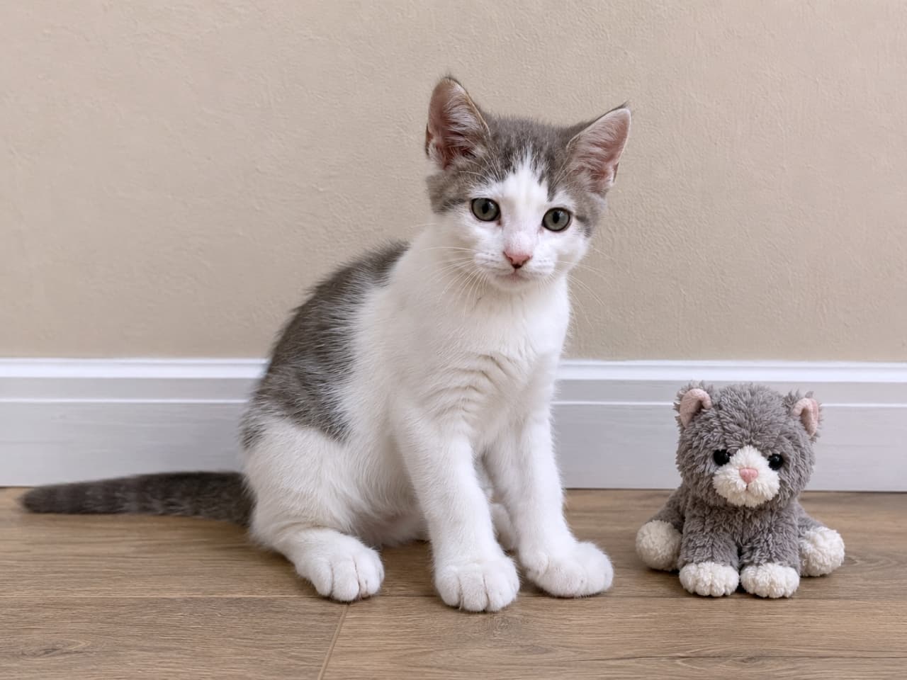 「「どっちが大きくなったかな?🐾」ぬいぐるみと並んで背比べ中の子猫ちゃんを発見!✨少しずつお兄さん・お姉さんになっていく姿にキュンが止まりません💖#子猫 #猫のいる暮らし #成長記録 #可愛すぎる」Ultra-realistic high-quality photograph of a 4-month-old white and gray kitten sitting on a wooden floor next to a small gray plush cat toy for size comparison. The kitten features massive paws and clear eyes, looking directly at the camera in soft natural daylight. 明るい室内で、木目調の床に座る生後4ヶ月の白グレーの子猫。隣には自分より一回り小さいグレーの猫のぬいぐるみが並んでおり、成長を感じさせる背比べの構図。大きな前足と澄んだ瞳が特徴的で、背景はシンプルなベージュの壁と白い幅木
