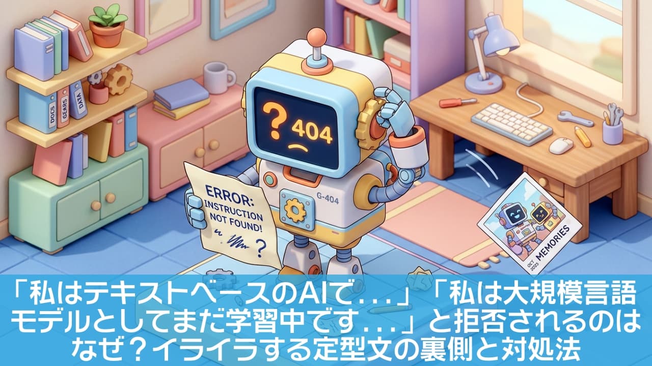 「「あれれ？ページが見つからないみたい…🤖💦」 困り顔で頭を掻くロボット君が可愛い、404エラー用の3Dイラストです💻✨ ポロッと落としてしまった「思い出（MEMORIES）」の写真も気になるポイント📸！ポップなパステルカラーなら、エラー画面に迷い込んだ方も少しほっこりしてくれそうですね🎨 #404エラー #NotFound #3Dイラスト #ロボット #Webデザイン」A cute 3D isometric illustration in pastel colors featuring a confused robot in a stylized room. Its monitor head displays "? 404" and a sad face. The robot is scratching its head while holding a paper that reads "ERROR: INSTRUCTION NOT FOUND!". A polaroid picture labeled "MEMORIES" is falling to the ground beside it unnoticed. パステルカラーのアイソメトリック（等角投影法）で描かれた、可愛らしいロボットの3Dイラスト。モニター型の顔には「? 404」と困った表情が表示されており、片手で「ERROR: INSTRUCTION NOT FOUND!」と書かれた紙を持ちながら頭を掻いて困惑している。その横を「MEMORIES」と書かれたポラロイド写真が床に落ちていく。背景は本棚や机が配置されたポップな部屋