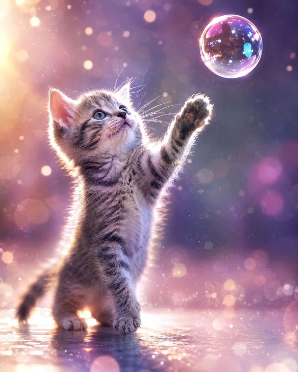 「きらきら、つかまえたニャ！🫧 夢のような光に包まれた奇跡の瞬間をお届け✨ #猫 #シャボン玉 #幻想的」Ultra-realistic high-quality photograph of a kitten reaching out to a floating soap bubble. Features a dreamy bokeh background with warm, glowing backlighting on the kitten's fur. 幻想的な光の玉ボケを背景に、宙に浮くシャボン玉へ向かって前足を伸ばす子猫の横顔。逆光が被毛を輝かせ、夢の中のような雰囲気の超高画質な写真