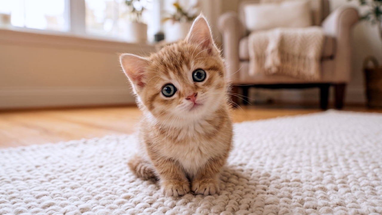 「「え、ボクのこと呼んだ？🐈」あざとすぎる首かしげポーズに、全人類の心臓が撃ち抜かれる予感！癒やし度200%の奇跡の1枚をお届け✨」An ultra-realistic high-quality photograph of a ginger tabby kitten sitting on a white textured rug, tilting its head curiously toward the camera. The kitten has large, clear eyes and soft fur, set against a warm, sunlit living room background with a blurred beige armchair. 柔らかな光が差し込むリビングで、白いラグの上に座り首をかしげてカメラを見つめる茶トラの子猫。透き通った大きな瞳とふわふわの毛並みが特徴的で、背景にはベージュのパーソナルチェアが優しくボケて写っている、温かみのある高品質な写真