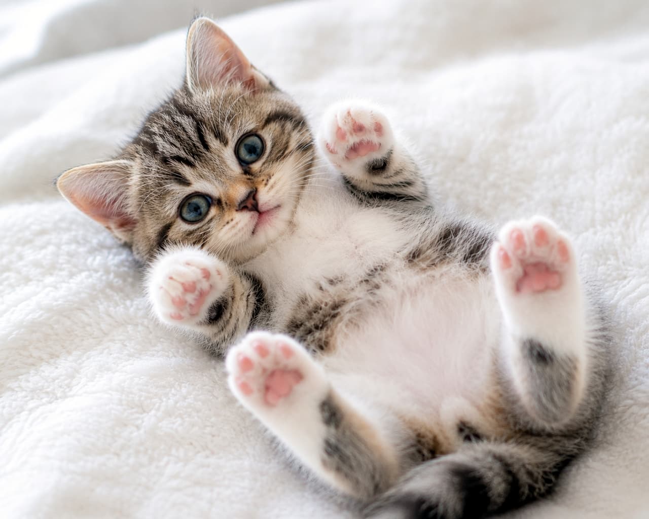 「バンザイポーズがたまらないにゃ🙌💕ふわふわ毛布でリラックスモード全開の子猫ちゃん✨ #猫好きさんと繋がりたい」Ultra-realistic high-quality photograph of a cute tabby kitten lying on its back on a fluffy white blanket, raising its paws up. The kitten has big blue eyes and pink toe beans, illuminated by soft natural light. 白いふわふわの毛布の上で仰向けになり、両手をバンザイするように挙げているキジトラの子猫。くりくりの青い目とピンクの肉球が特徴的で、柔らかい自然光に包まれている