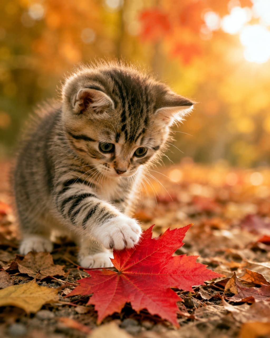 「初めての秋みーつけた🍁✨赤いお葉っぱにそーっとタッチ🐾秋の光が綺麗だね🍂 #秋の風景 #子猫とお散歩 #紅葉」Ultra-realistic high-quality photograph of an adorable tabby kitten reaching out its paw to touch a bright red maple leaf on the ground, bathed in golden autumn sunlight with blurred fall foliage in the background. 秋の夕暮れ時の暖かな光の中、地面に落ちた真っ赤な楓の葉に前足を伸ばして触れるキジトラの子猫の写真。背景は美しい紅葉のボケ