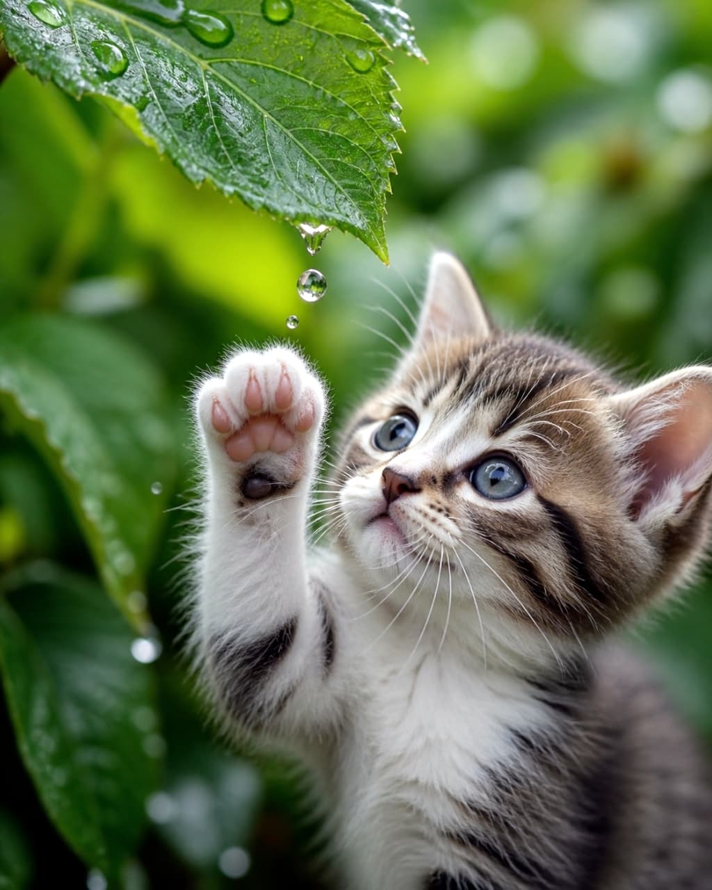 「あ、お水が落ちてくるにゃ！🐾葉っぱからのしずくをキャッチしようとする姿が尊い…🥺🌿 #雨上がりの散歩」Ultra-realistic high-quality photograph of a tabby kitten reaching its paw up to catch a water drop falling from a large green leaf. The glistening water drop and the kitten's bright eyes are beautifully captured. 雨上がりのような緑豊かな屋外で、大きな葉っぱから滴り落ちる水滴に向かって前足を伸ばしているキジトラの子猫。水滴と子猫の目の輝きが美しく捉えられている