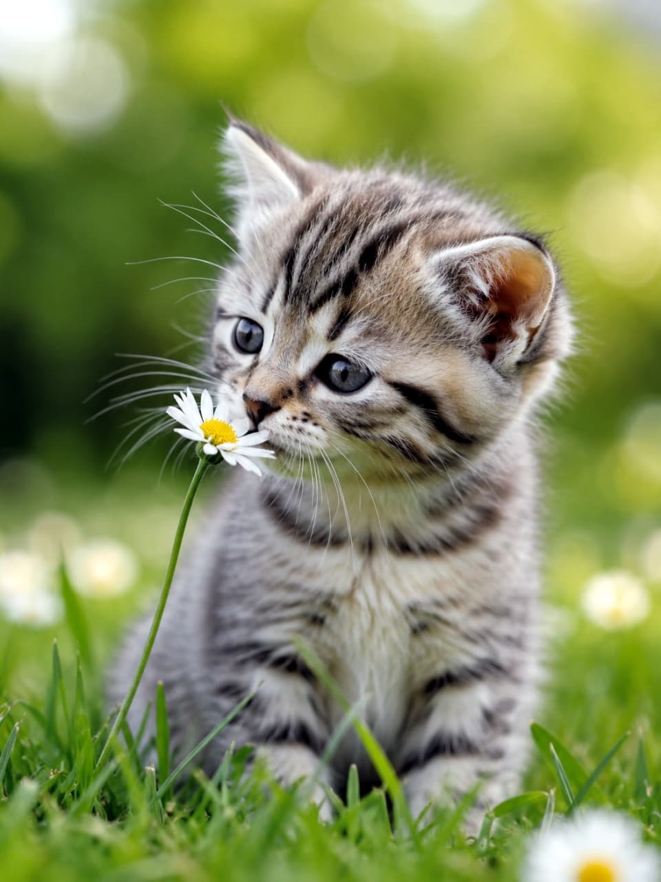 「お花、いい匂いがするニャ？🌼 春の訪れを感じる、とってもキュートなワンシーン🌸✨ #春 #デイジー #猫のお散歩」Ultra-realistic high-quality photograph of an inquisitive tabby kitten gently smelling a single daisy flower in a lush green spring meadow. 春の緑豊かな草原で、咲いている一輪の白いデイジーの花に鼻先を近づけて匂いを嗅いでいるキジトラ子猫。背景は美しい緑のボケ