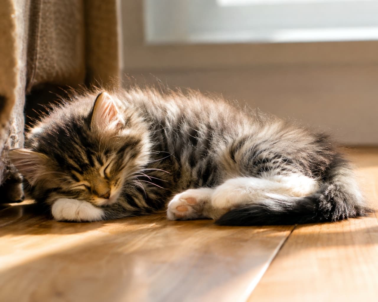 「ぽかぽかお日様の匂いがしそう☀️ 気持ちよさそうなお昼寝姿に、こちらまで眠くなっちゃいますね😴✨ #お昼寝猫 #ぽかぽか #猫好き」Ultra-realistic high-quality photograph of a fluffy tabby kitten sleeping soundly on a wooden floor, bathed in warm sunlight from a window. 窓際のフローリングの床で、暖かな日差しを浴びて気持ちよさそうに丸まって眠る長毛のキジトラ子猫。光と影のコントラストが美しい