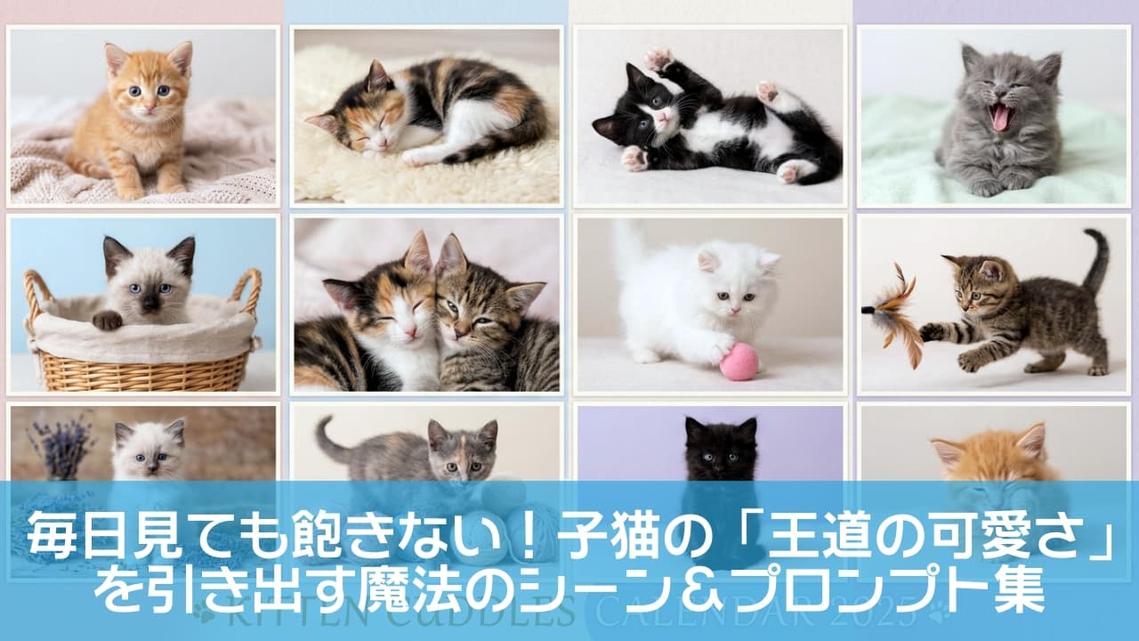 「可愛さ大渋滞！2025年子猫カレンダーデザイン🐾2025年も猫ちゃんたちと一緒に癒されよう📅💖個性豊かな子猫たちの姿に毎日キュンキュン間違いなし！🐈✨ #子猫 #カレンダー」Ultra-realistic high-quality photograph featuring a grid layout of 12 cute kittens in various playful and sleeping poses, designed as a KITTEN CUDDLES CALENDAR 2025. さまざまな模様や種類の子猫たちが、遊んだり眠ったりしている12枚の写真をグリッド状に配置した、「KITTEN CUDDLES CALENDAR 2025」の超高画質画像