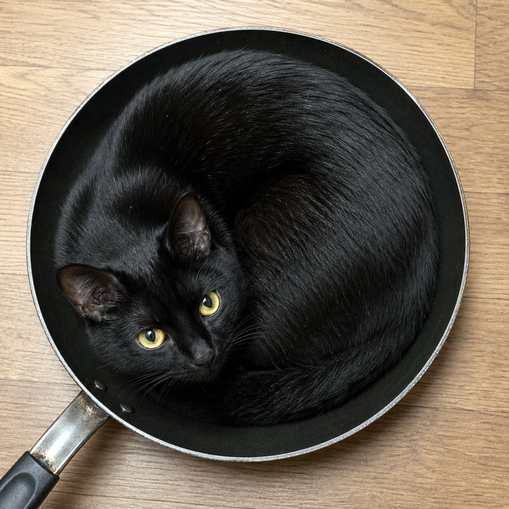 「今日のメニューは…黒猫ちゃんの丸焼き！？🍳🐈‍⬛フライパンにぴったりフィットして、黄色いお目目でこっちを見つめる姿がたまらない😂✨」A black cat curled into a perfect circle inside a black non-stick frying pan with a metal handle, resting on a light brown wooden floor, looking directly at the camera with bright yellow eyes. 明るい茶色のフローリングの床に置かれた、金属製の柄がついた黒いテフロン加工のフライパンの中で綺麗な円を描くように丸まり、明るい黄色の目でカメラを見つめる黒猫