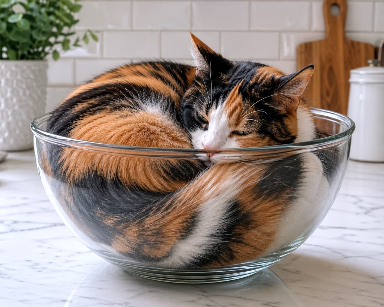 「まさに「猫は液体」！ボウルに沿って丸まる姿が美しすぎる…✨ 完璧なフィット感に拍手！👏🐈 #三毛猫 #猫は液体」Ultra-realistic high-quality photograph of a calico cat curled up perfectly inside a large clear glass bowl on a white kitchen countertop. High contrast between the cat's fur and the glass. キッチンカウンターの大きなガラスボウルの中で、見事に丸くなって眠る三毛猫。ボウルの曲線に沿った美しい毛並みの模様